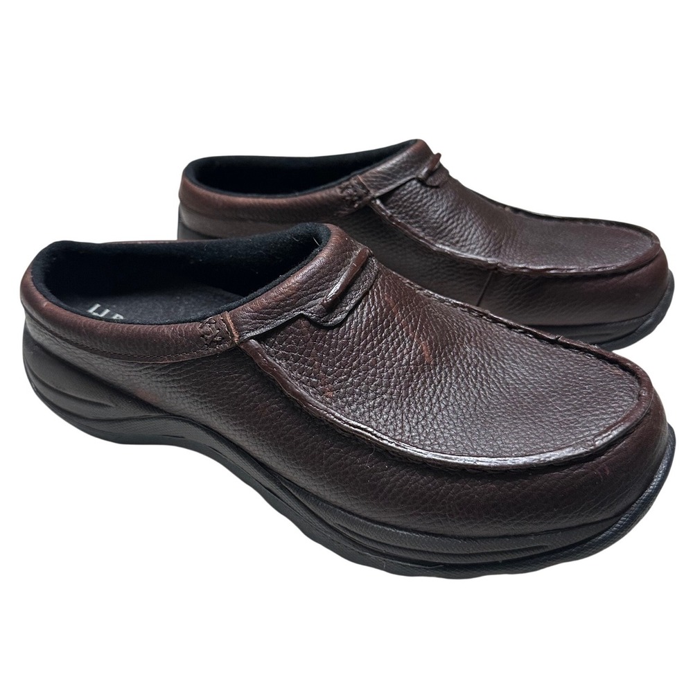 LL Bean Comfort Mocs Mens 9 Brown Tumbled Leather Slip On Mule Shoes 268224